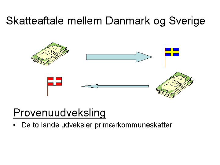 Skatteaftale mellem Danmark og Sverige. Provenuudveksling: De to lande udveksler primærkommuneskatter