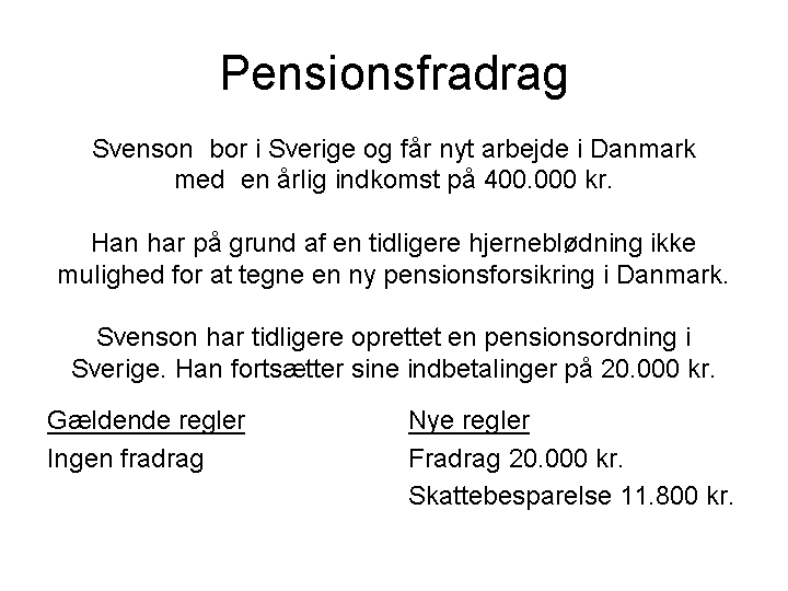 Pensionsfradrag. De nye regler giver et fradrag på 20.000 kr. og en skattebesparelse på 11.800 kr.