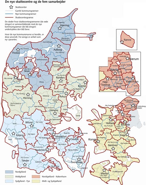 Danmarkskort. De nye skattecentre og de frem samarbejder 