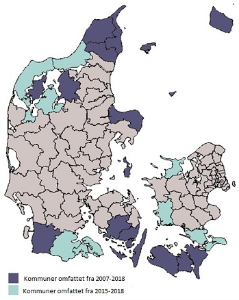 Kort over kommuner, der vil være omfattet af befordringsfradraget fra 2007-2018 og kommuner, der vil være omfattet fra 2015-2018